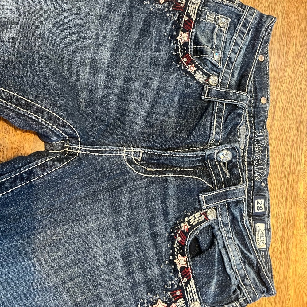 Miss Me Denim Capri Jeans with red white and blue accents. Size 28. - Picture 5 of 8